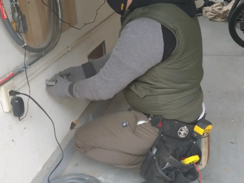 Electrician performing outlet wiring in a Suamico garage